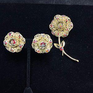Sarah Coventry Gold Tone & AB Rhinestone Flower Brooch And Clip On Earrings (460